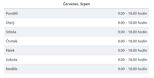 Otevírací doba v červenci a srpnu 2026